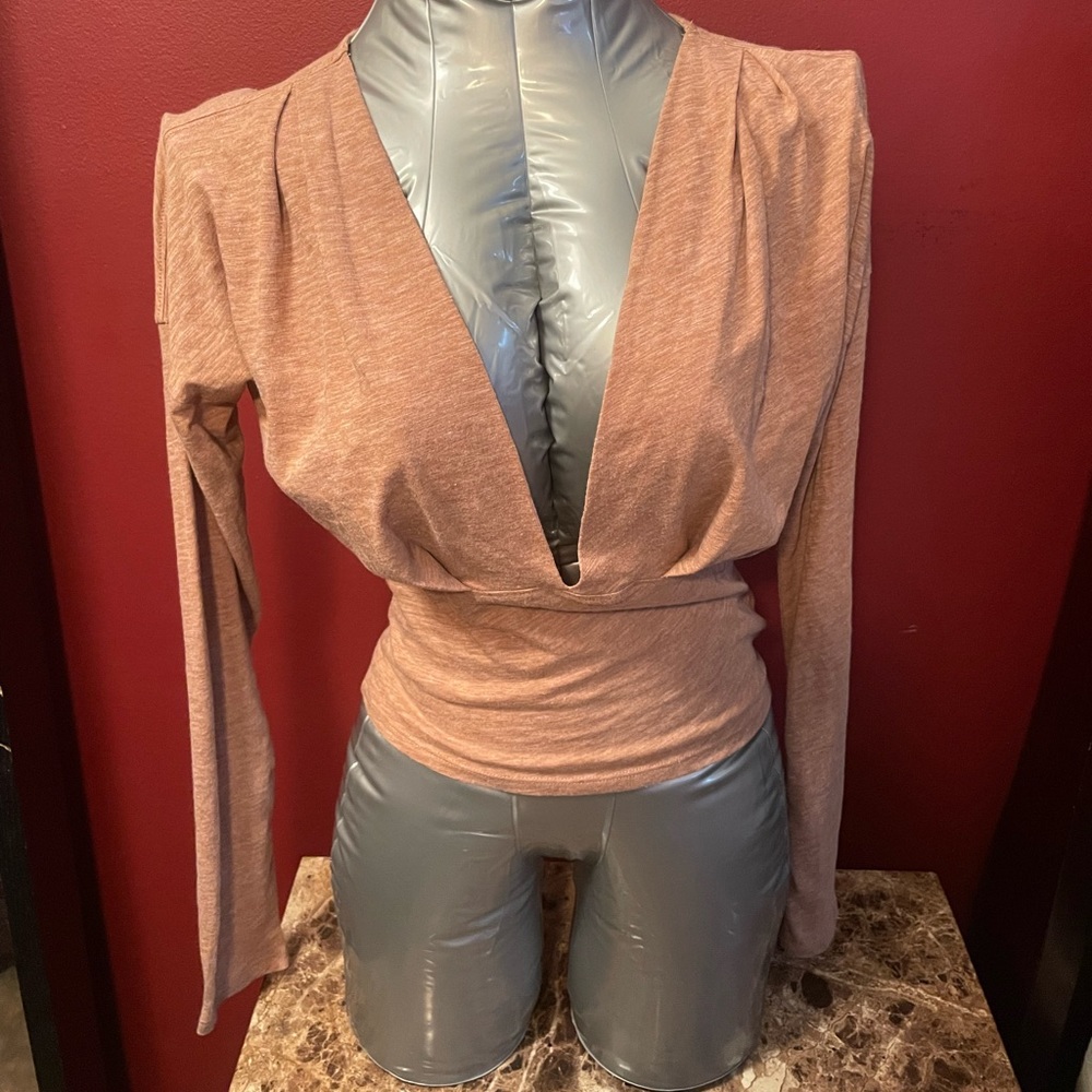 We The Free Small Tan Deep V-Neck Crop Long Sleeve Shirt Pleated Detail Back